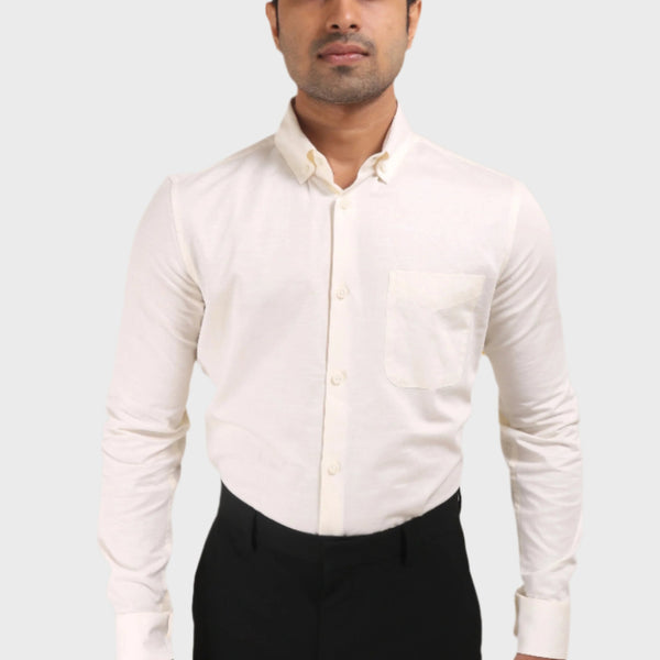 Jonesburg Off White Satin Slub Slim Fit Shirt