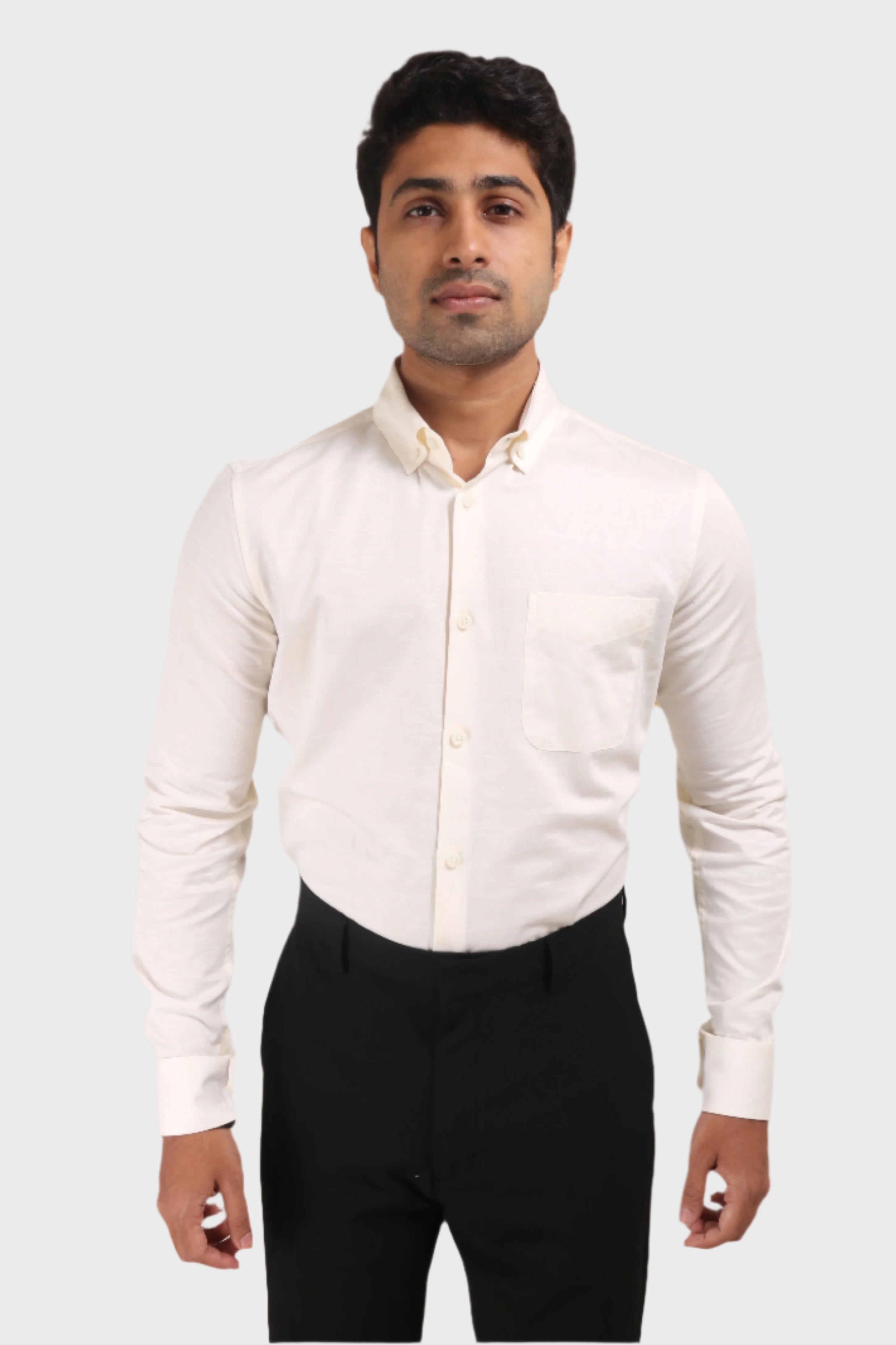 Jonesburg Off White Satin Slub Slim Fit Shirt