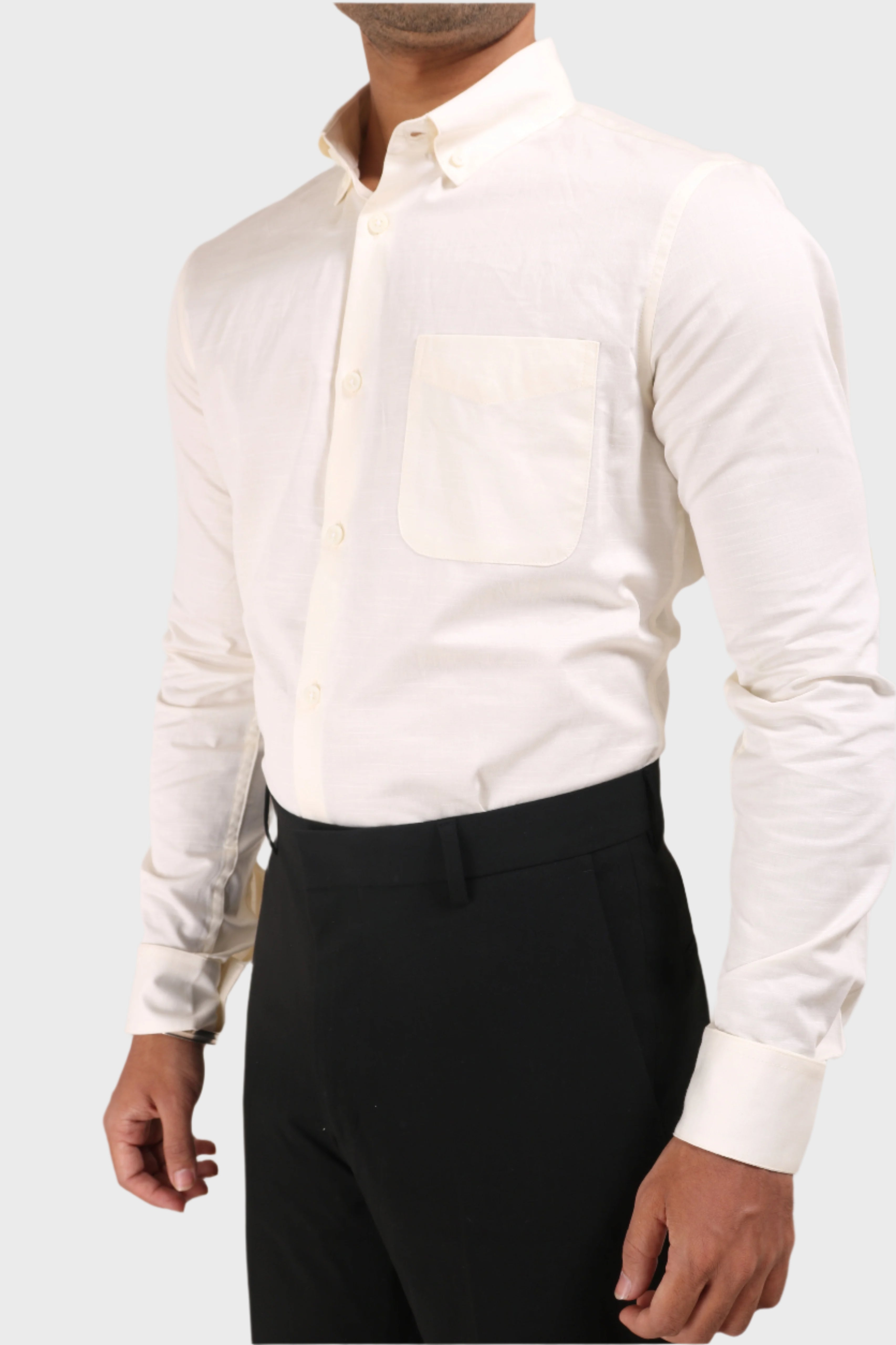 Jonesburg Off White Satin Slub Slim Fit Shirt
