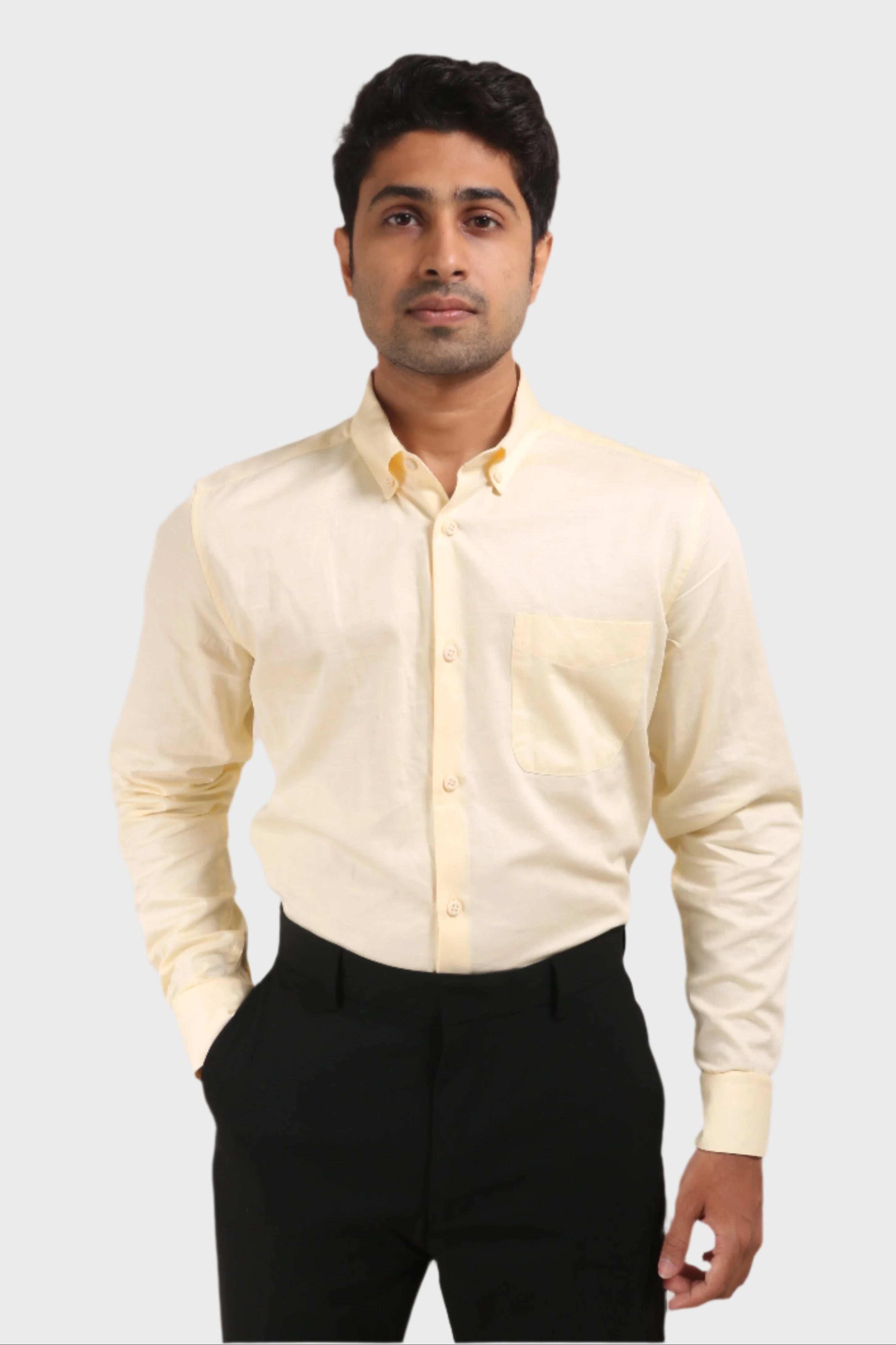 Jonesburg Light Yellow Satin Slub Slim Fit Shirt