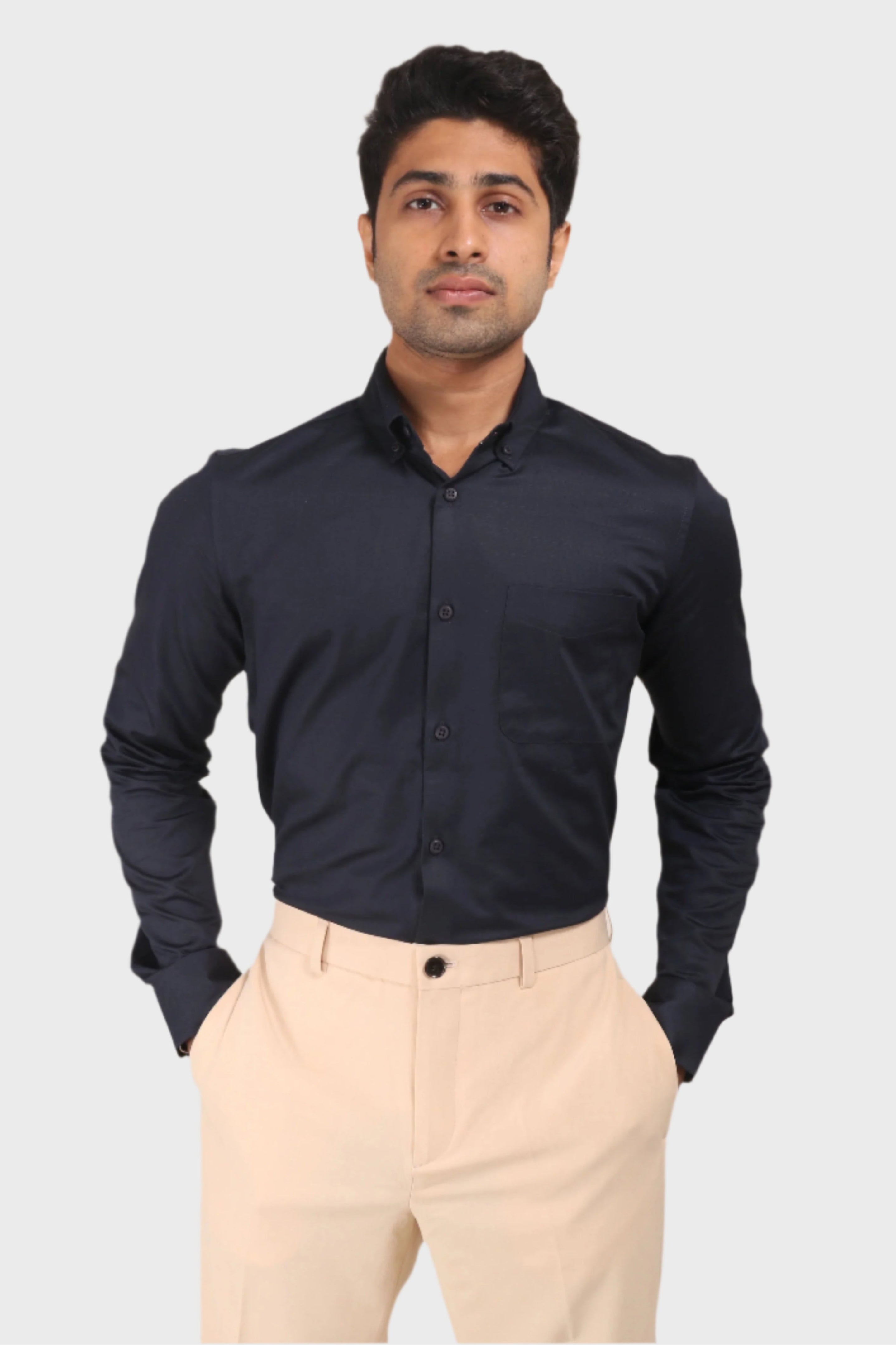 Jonesburg Navy Blue Satin Slub Slim Fit Shirt