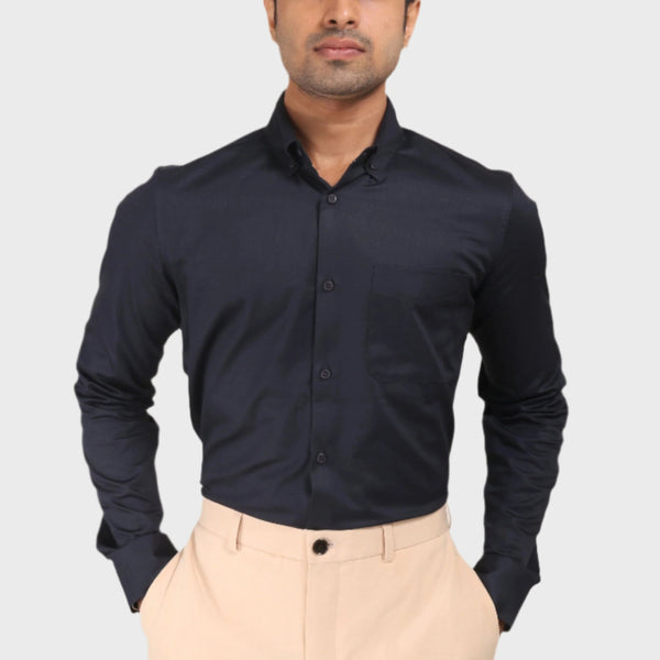 Jonesburg Navy Blue Satin Slub Slim Fit Shirt