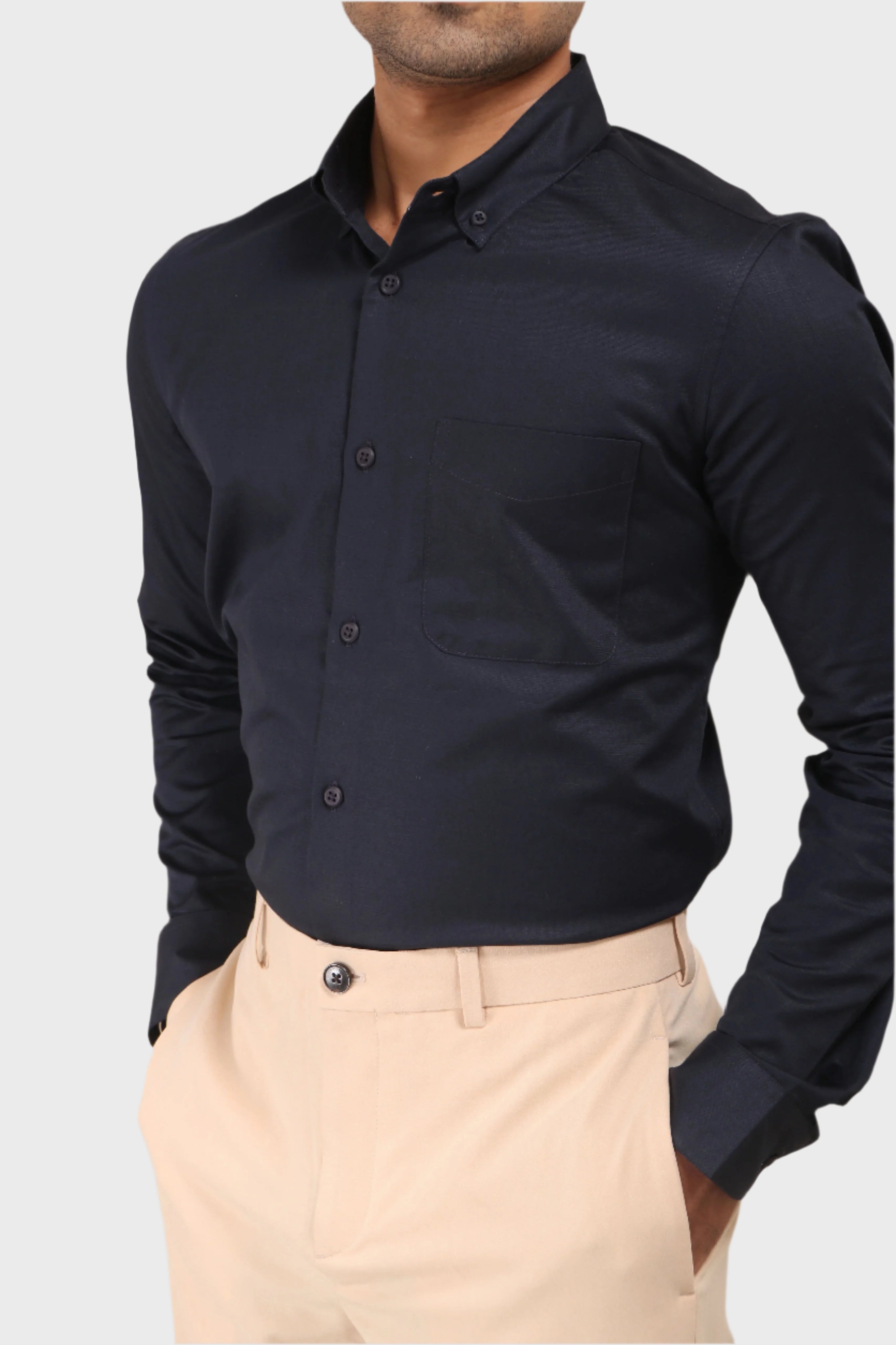Jonesburg Navy Blue Satin Slub Slim Fit Shirt