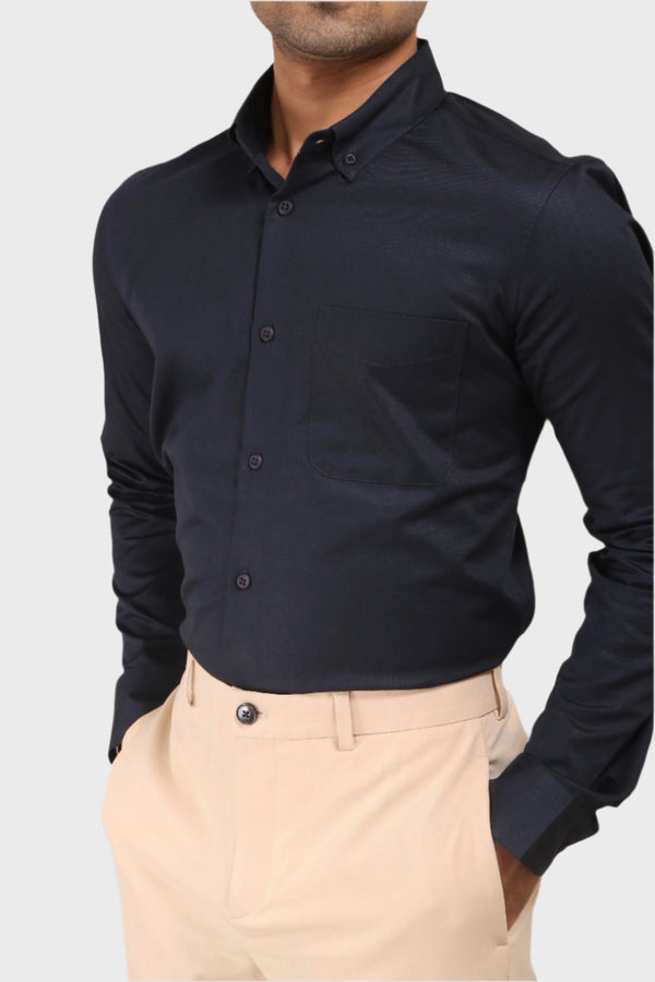Jonesburg Navy Blue Satin Slub Slim Fit Shirt