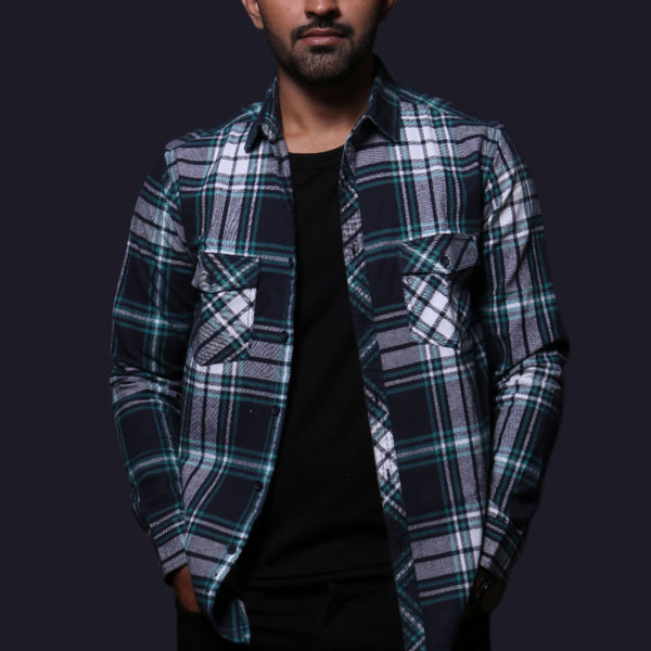 Jonesburg Navy Blue Flannel Checks Regular Fit Shirt