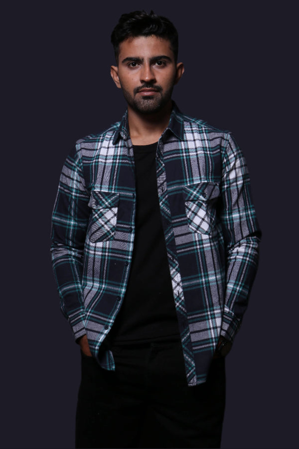 Jonesburg Navy Blue Flannel Checks Regular Fit Shirt
