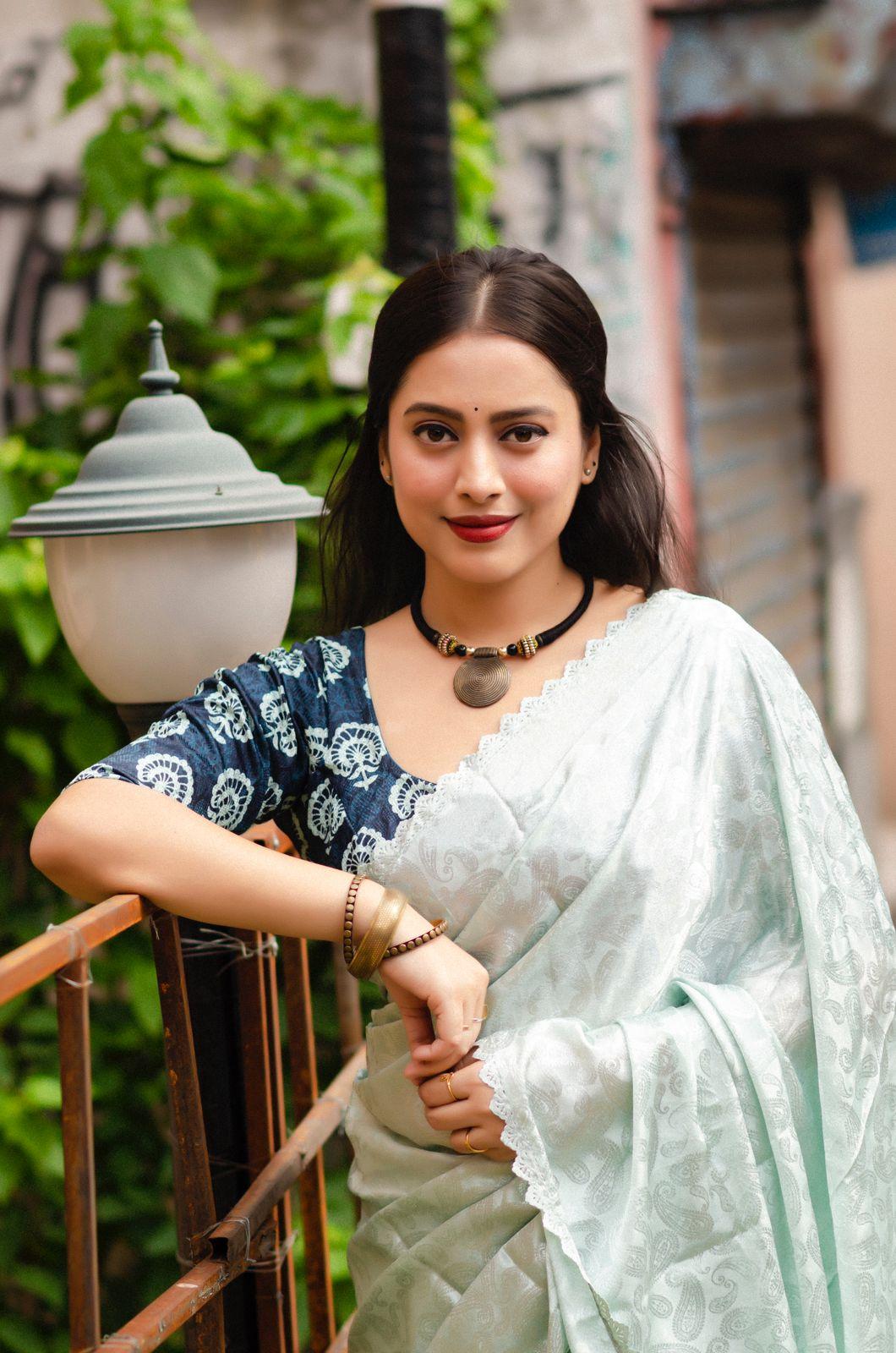 Blue Poly Silk Ethnic Motifs Saree with Unstitched Blouse - A2M - Distacart