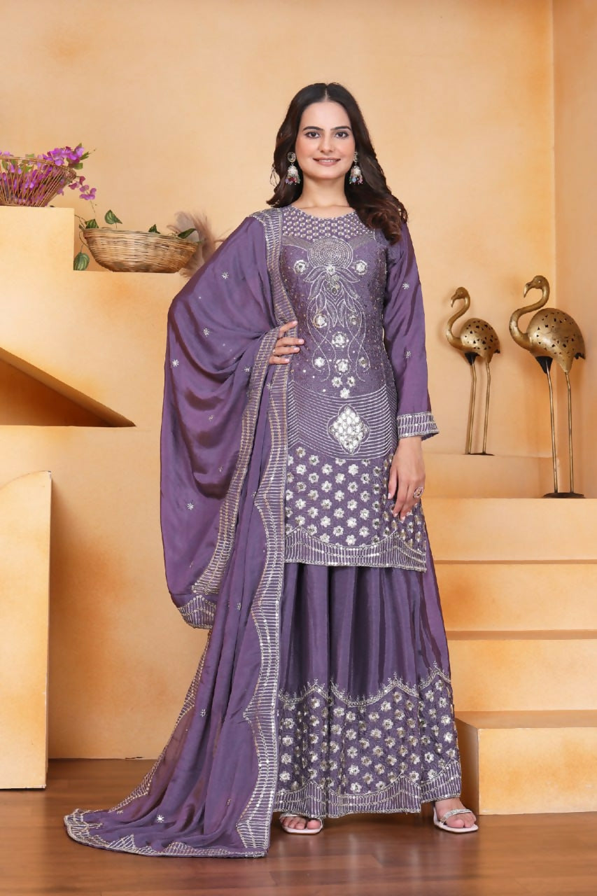 Teeya Creation Lavender Chinon Embroidery Work Party Wear Palazzo Suit - Distacart