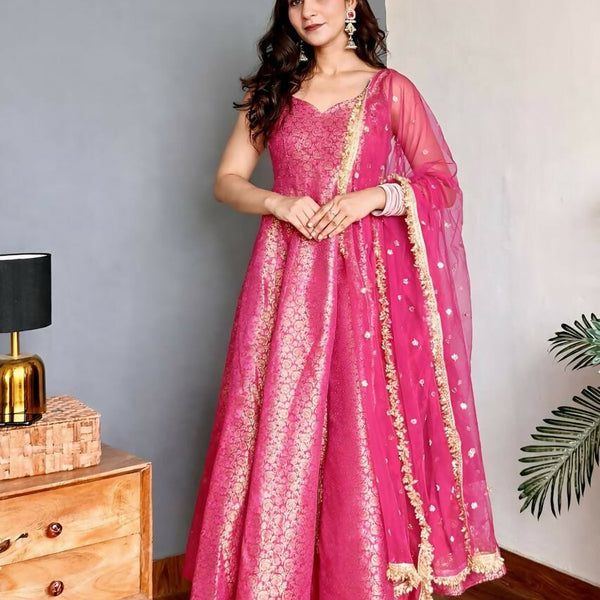 Lehenga Mart Designer Anarkali Suit With Kurta Bottom Dupatta For Women-Pink - Dista