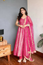 Thumbnail for Lehenga Mart Designer Anarkali Suit With Kurta Bottom Dupatta For Women-Pink - Dista