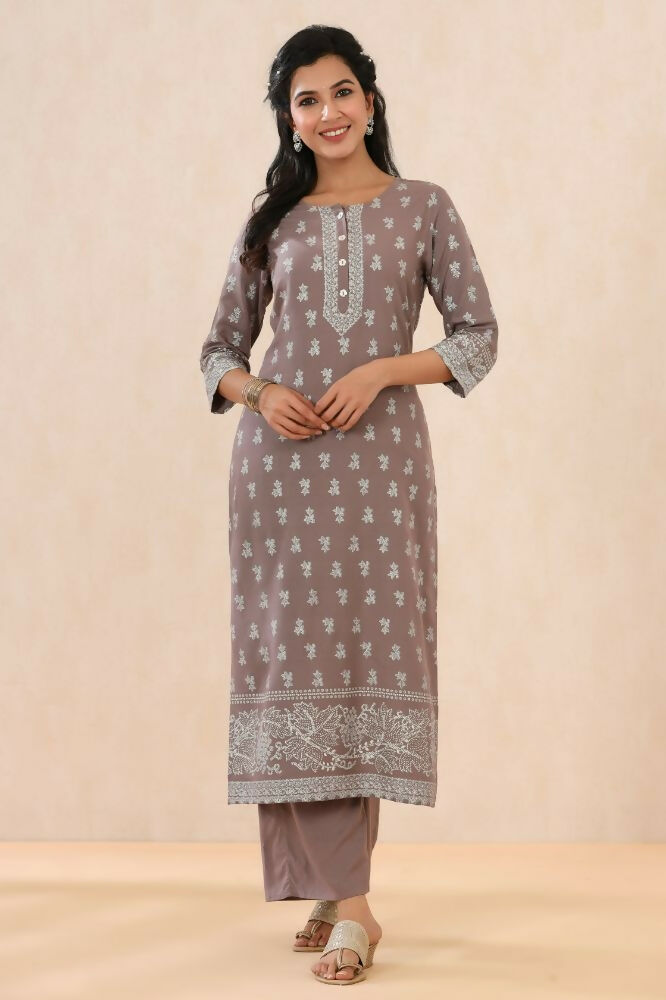Juniper Grey Ethnic Motif Printed Rayon Kurta With Buttons - Distacart