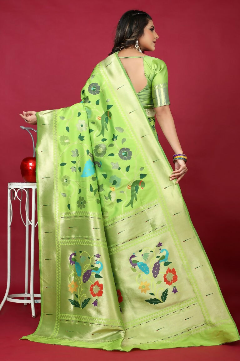Jyoti Fashion Women's Parrot Green Paithani Silk Zari Woven Saree with Blouse - Distacart