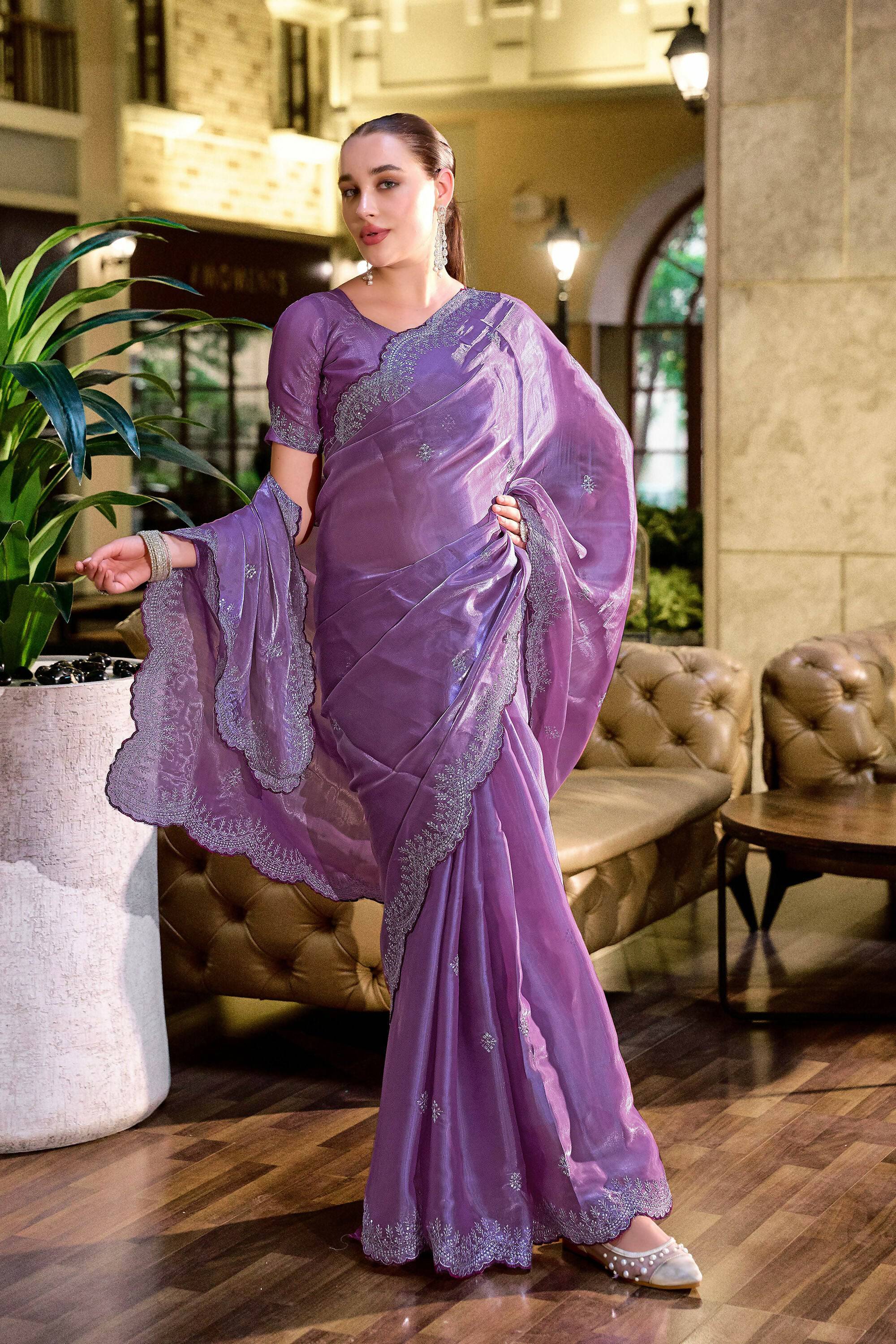 Vastranavya Lavender Embroidery Work Shimmer Chiffon Saree with Unstitched Blouse