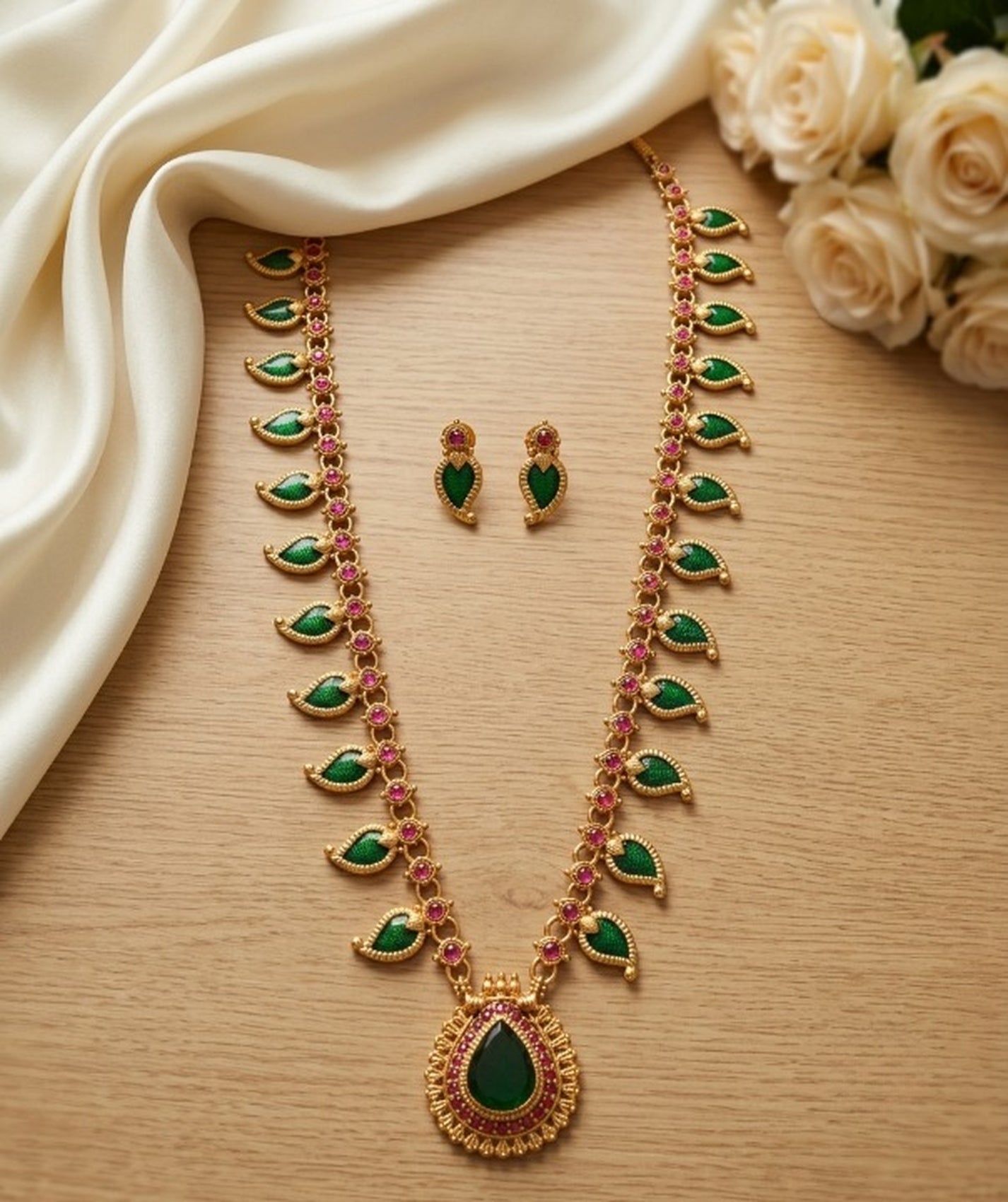 Jewel City Green Meenakari Long Haram Necklace Set Antique Gold Plated Temple Jewelry - Dista