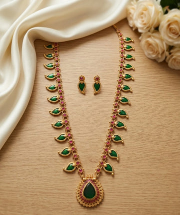 Jewel City Green Meenakari Long Haram Necklace Set Antique Gold Plated Temple Jewelry - Dista