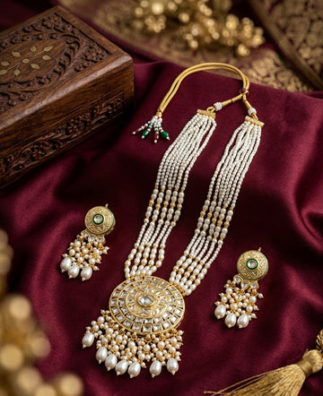 Jewel City Kundan Necklace Set with White Beads & Pearls | Antique Gold Plated Bollywood Bridal Wedding Jewelry For Women - Dista