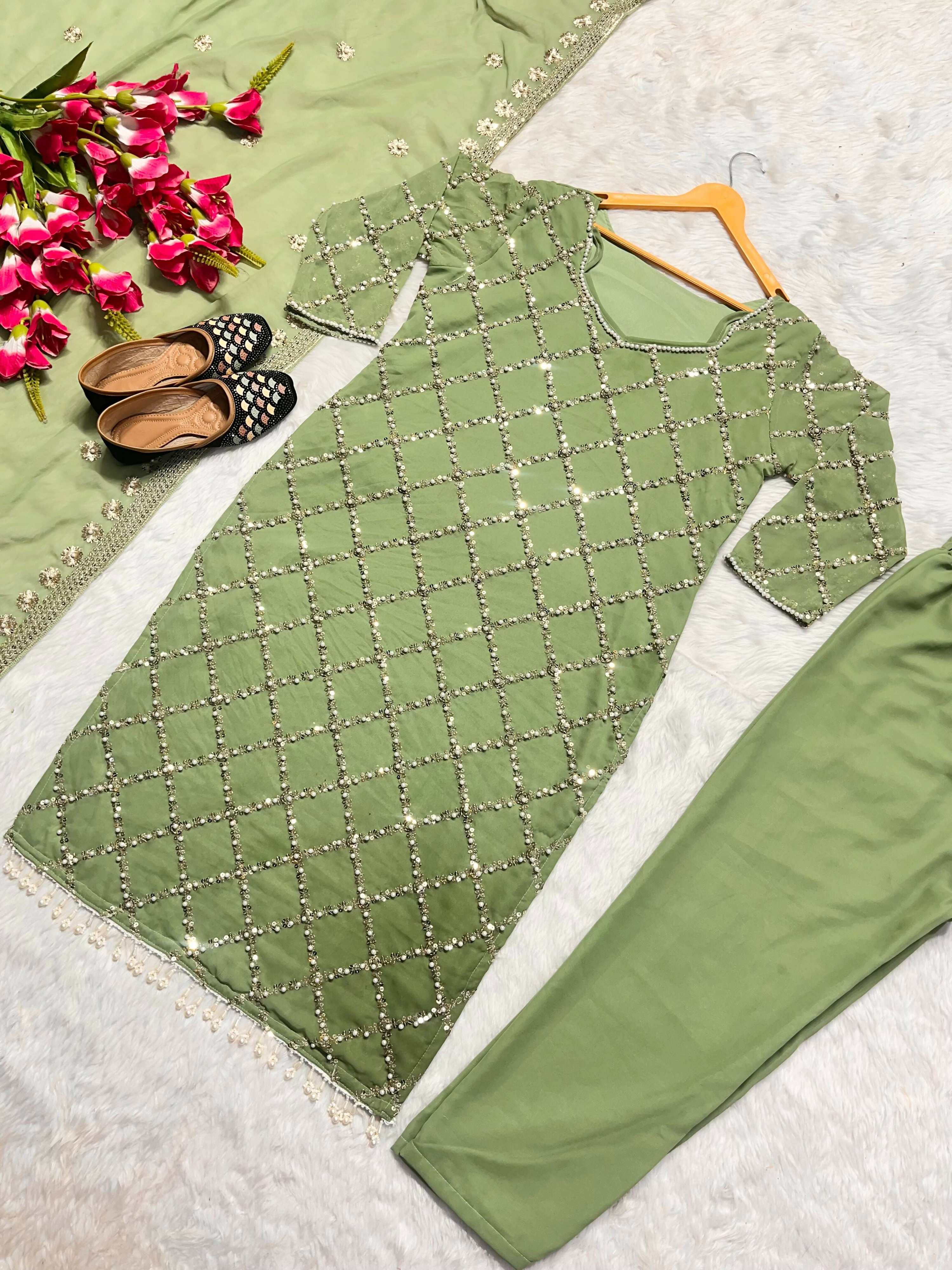 Preksha Creation Indian Festival Special Women Faux Georgette Sequence Embroidered Work Top And Pant With Dupatta - Green - Distacart