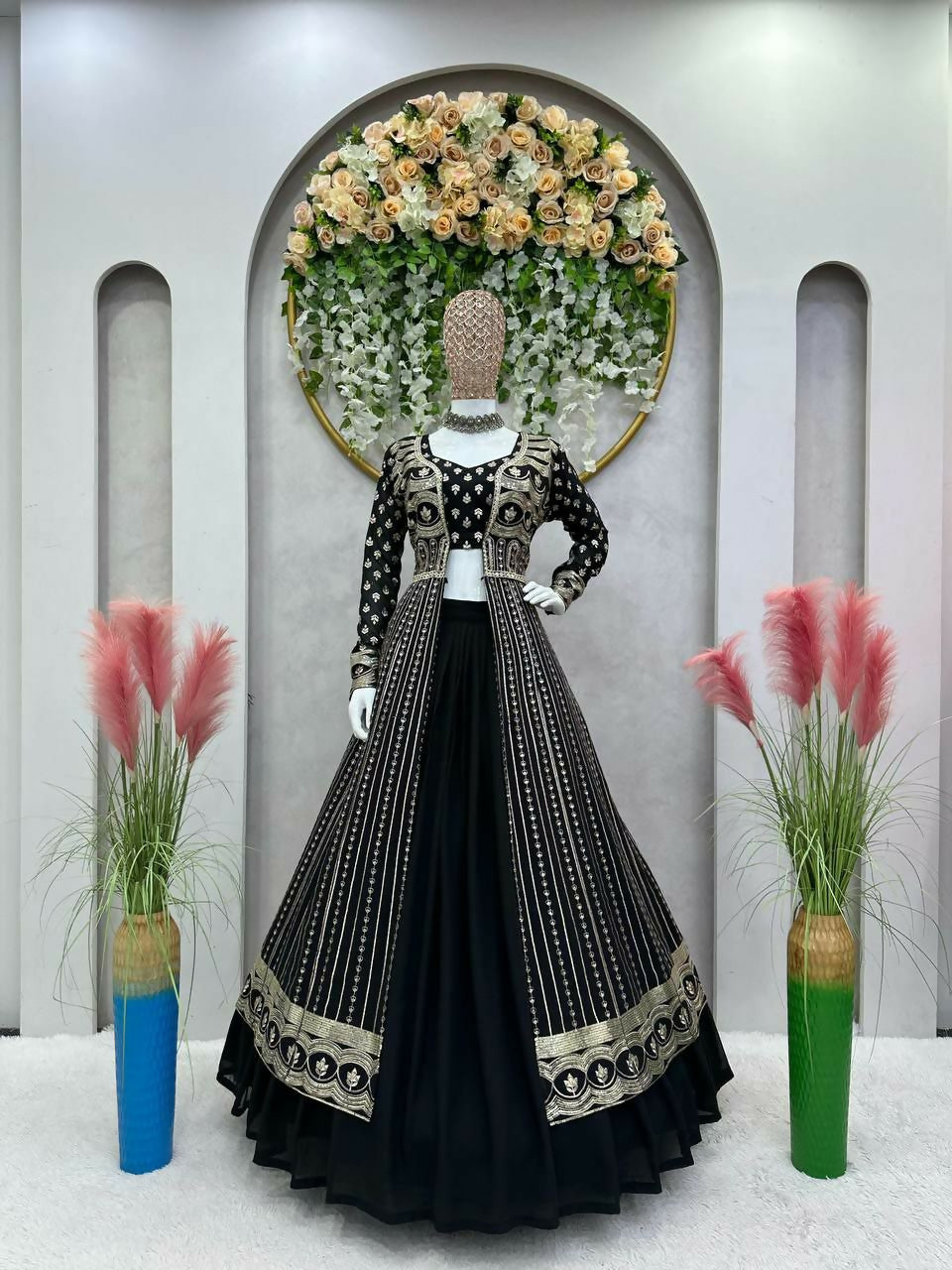 Jyoti Fashion Women's Black Faux Georgette Sequins with Thread Embroidered Designer Lehenga Choli with Shrug Set - Distacart