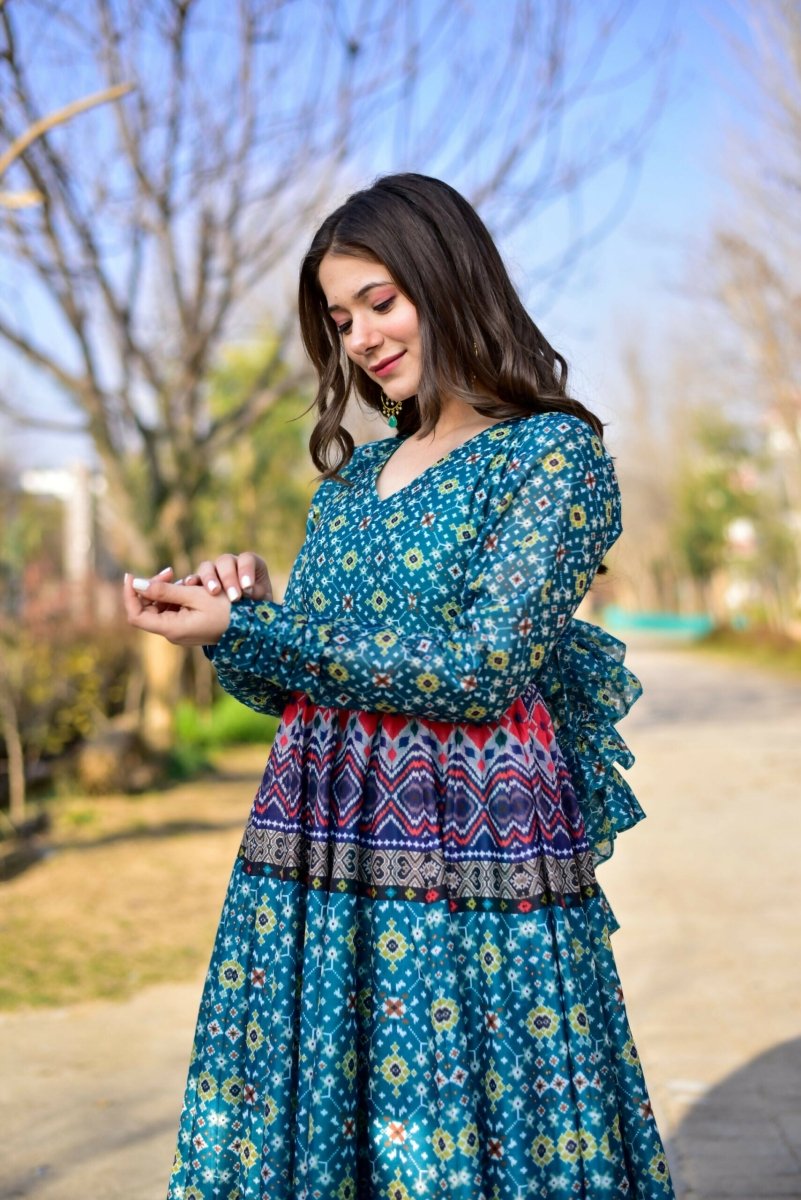 Aastha Fashion Women's Teal Chanderi Cotton Digital Printed Anarkali Dress - Distacart
