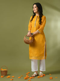 Thumbnail for Myshka Women's Yellow Printed Cotton Blend Straight Party Kurta Set - Distacart