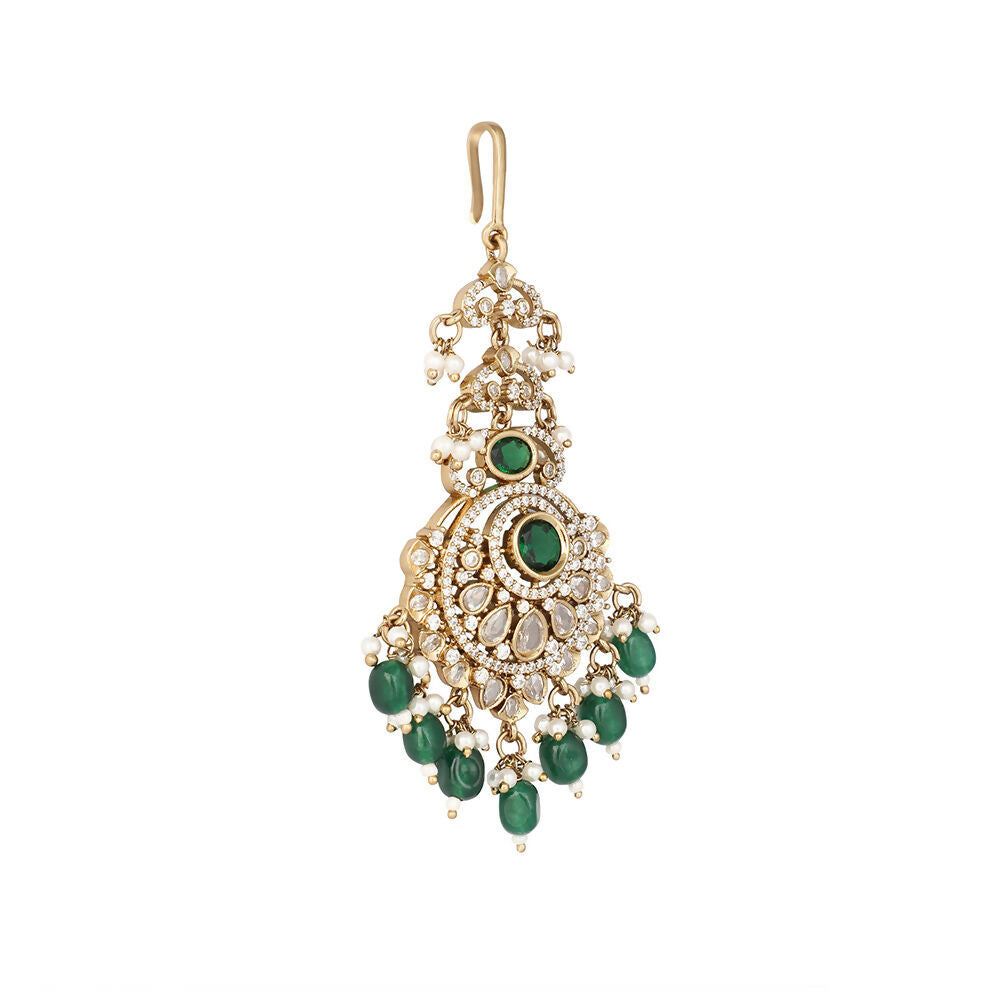 Nuyug 18K Gold Plated Ethereal Green Stone Maang Tikka