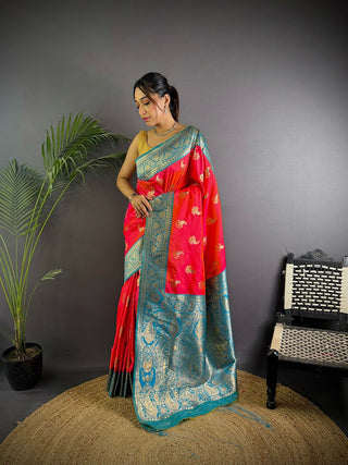 Joban Fashion Banarasi Hot Pink Woven Butti Soft Silk Saree