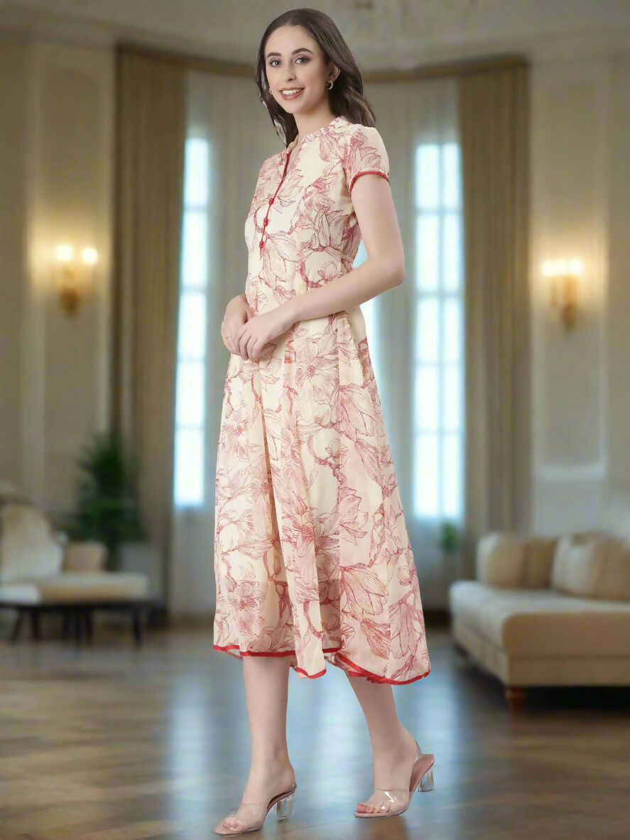 Souchii Floral Tiered Midi Dress For Women – Elegant Beige Button-Front A-Line