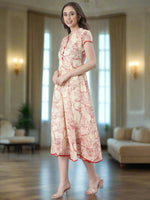 Thumbnail for Souchii Floral Tiered Midi Dress For Women – Elegant Beige Button-Front A-Line