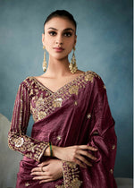 Thumbnail for Monjolika Fashion Wine Tissue Embroidered Sequins And Zari Work Saree