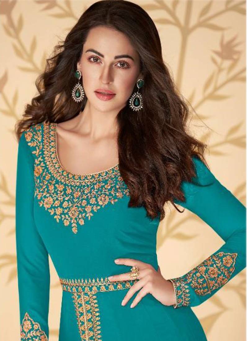 Vegaa Fashion Sea Blue Georgette Embroidered Anarkali Suit - Distacart