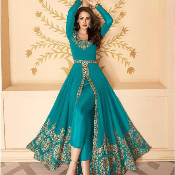 Vegaa Fashion Sea Blue Georgette Embroidered Anarkali Suit - Distacart