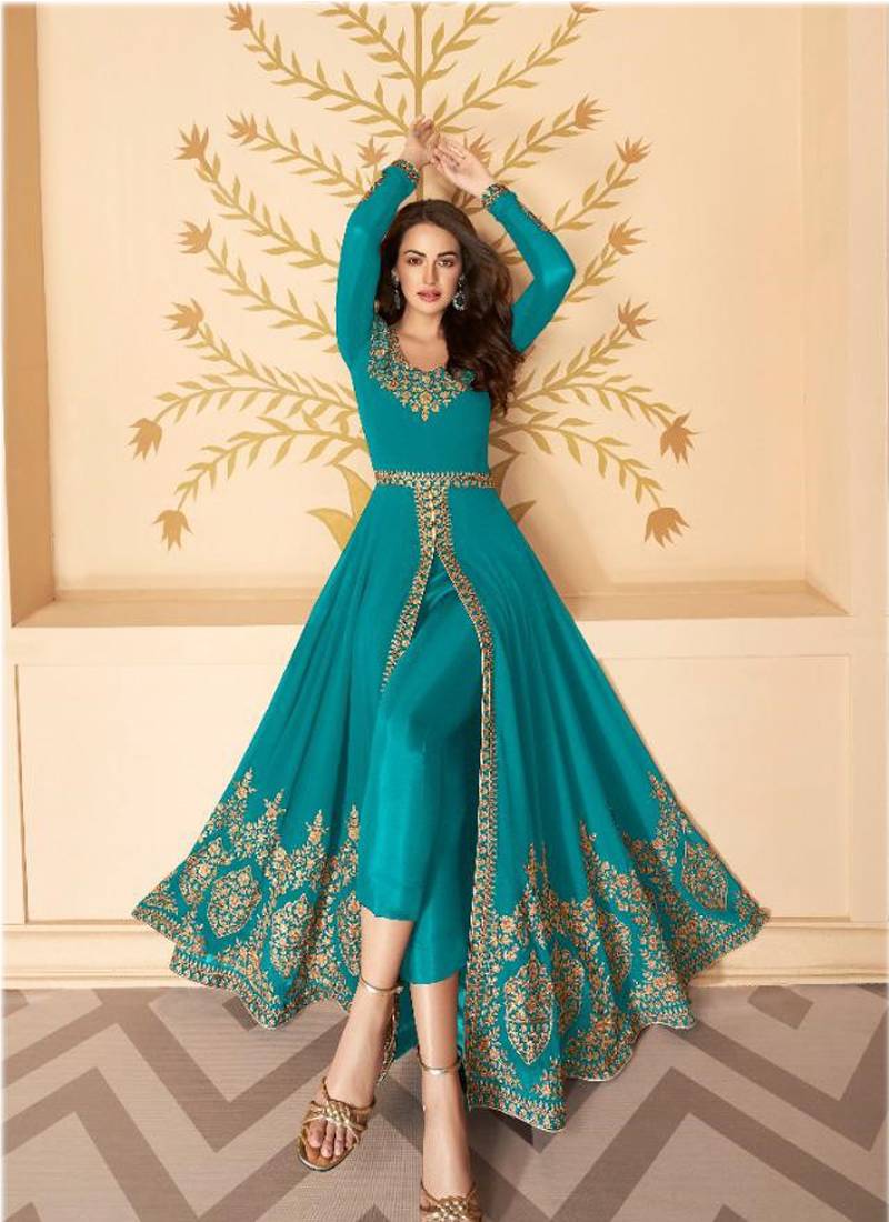 Vegaa Fashion Sea Blue Georgette Embroidered Anarkali Suit - Distacart