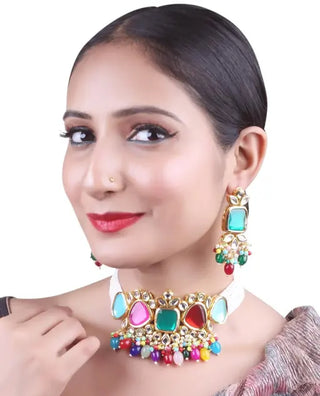 Jewel City Elegant Multi Gold Indian Kundan Choker Necklace and Earring Set