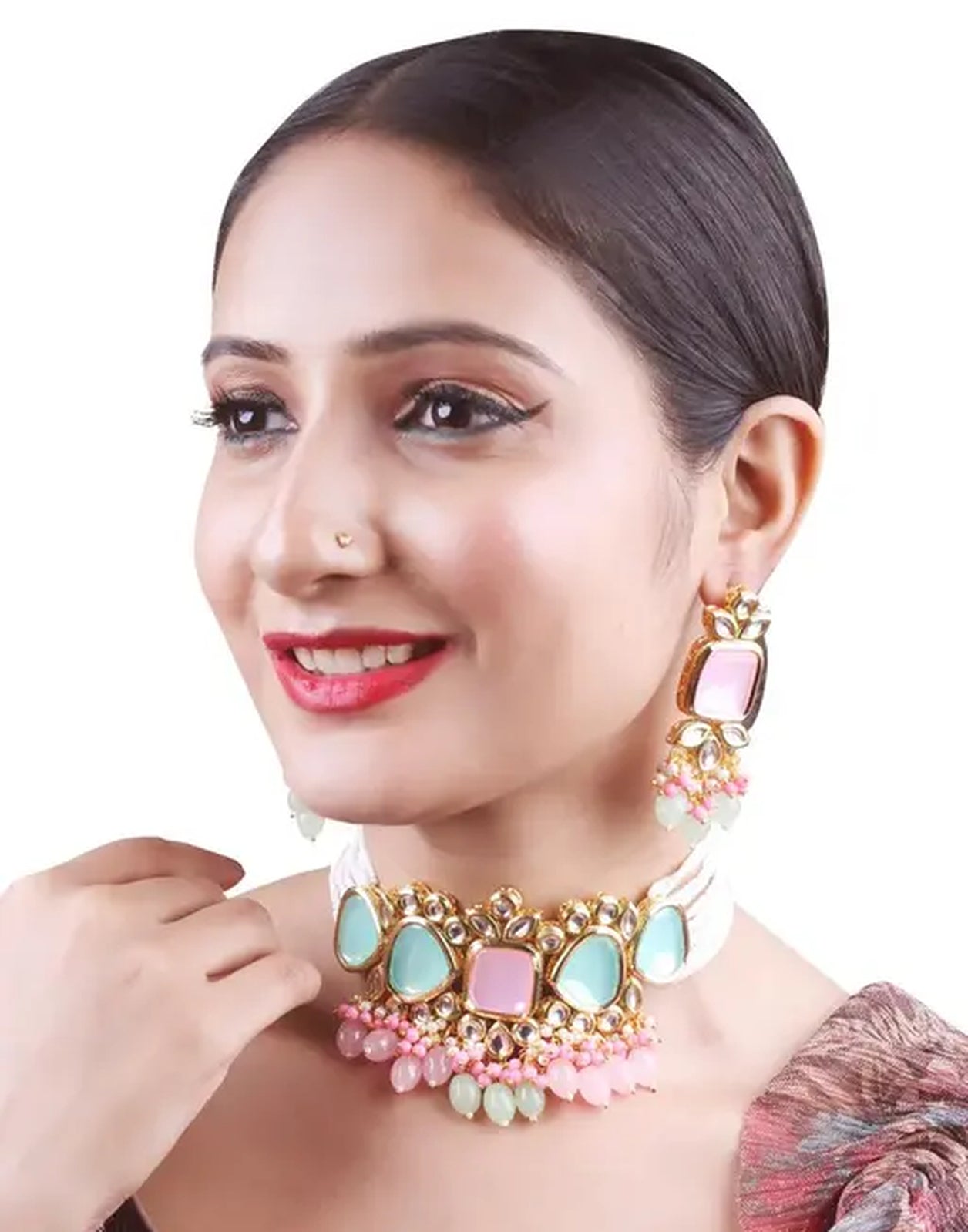 Jewel City Elegant Multi Gold Indian Kundan Choker Necklace and Earring Set - Distacart
