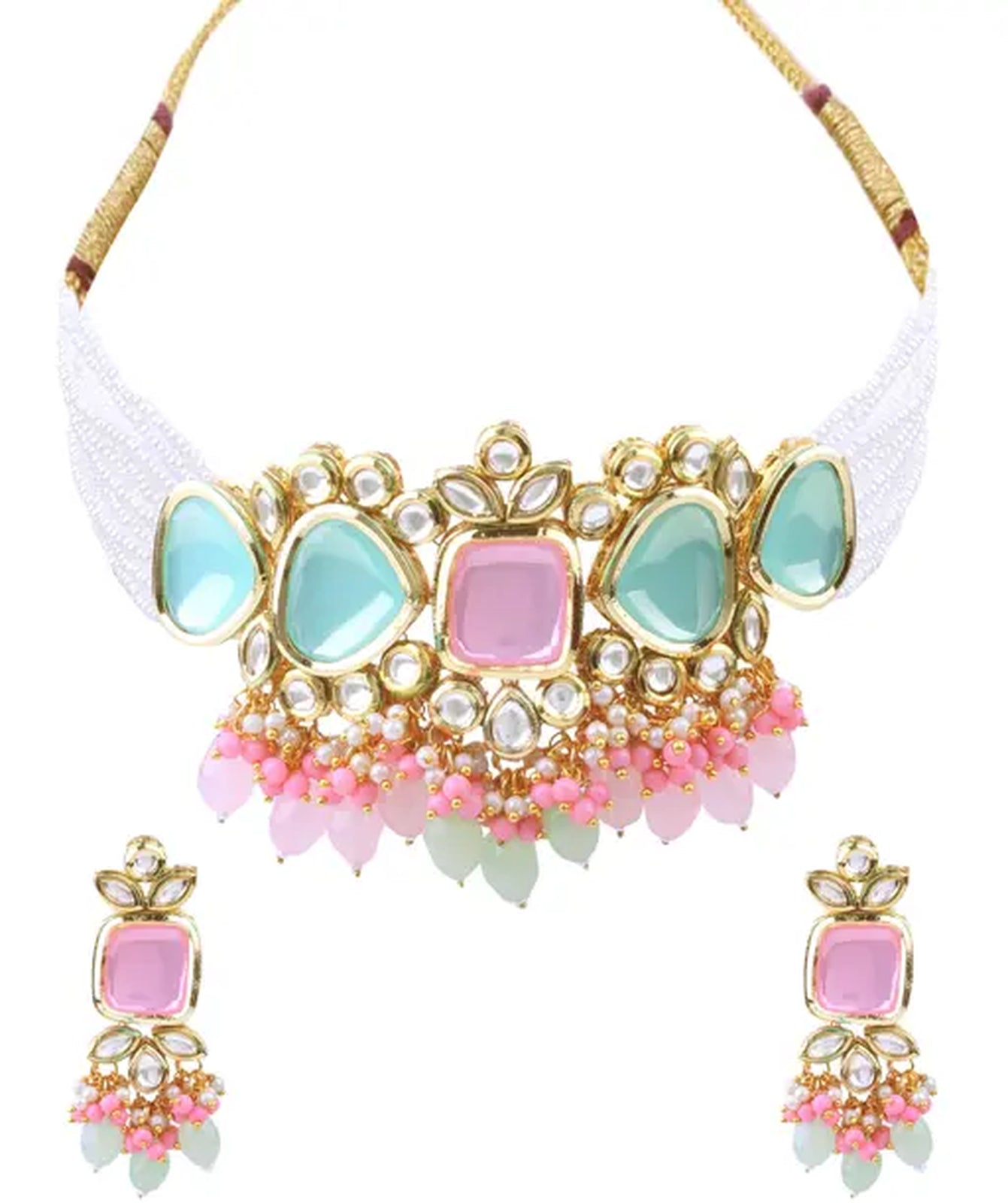 Jewel City Elegant Multi Gold Indian Kundan Choker Necklace and Earring Set
