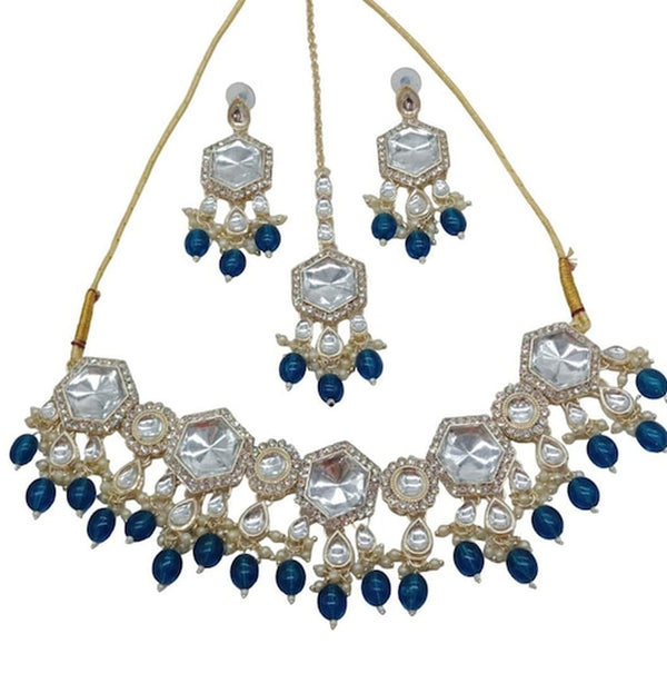 Jewel City Elegant Kundan-Style Blue and White Necklace, Earrings, and Tikka Set