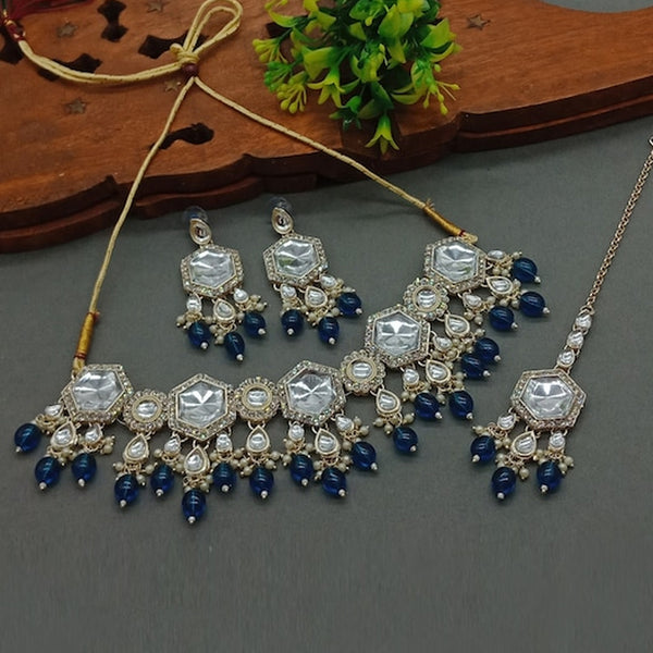 Jewel City Elegant Kundan-Style Blue and White Necklace, Earrings, and Tikka Set