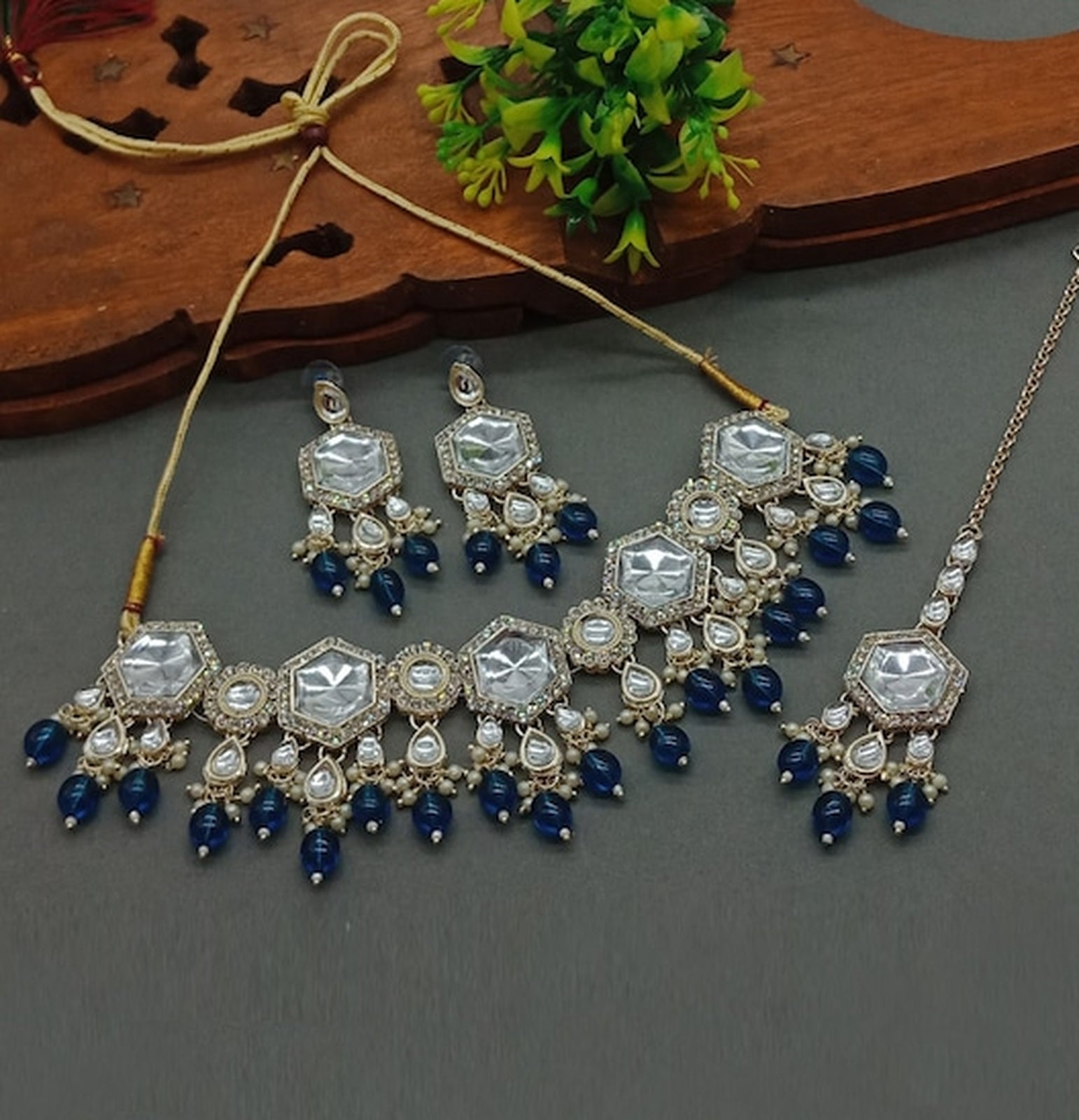 Jewel City Elegant Kundan-Style Blue and White Necklace, Earrings, and Tikka Set - Distacart