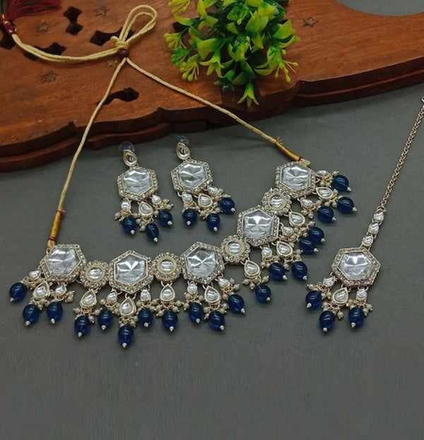 Jewel City Elegant Kundan-Style Blue and White Necklace, Earrings, and Tikka Set