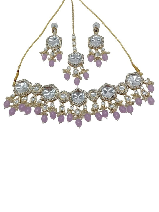 Jewel City Elegant Kundan-Style Purple and White Necklace, Earrings, and Tikka Set