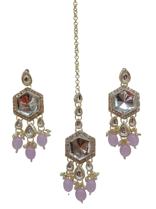 Jewel City Elegant Kundan-Style Purple and White Necklace, Earrings, and Tikka Set