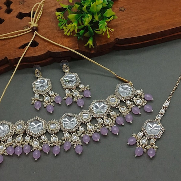 Jewel City Elegant Kundan-Style Purple and White Necklace, Earrings, and Tikka Set - Distacart