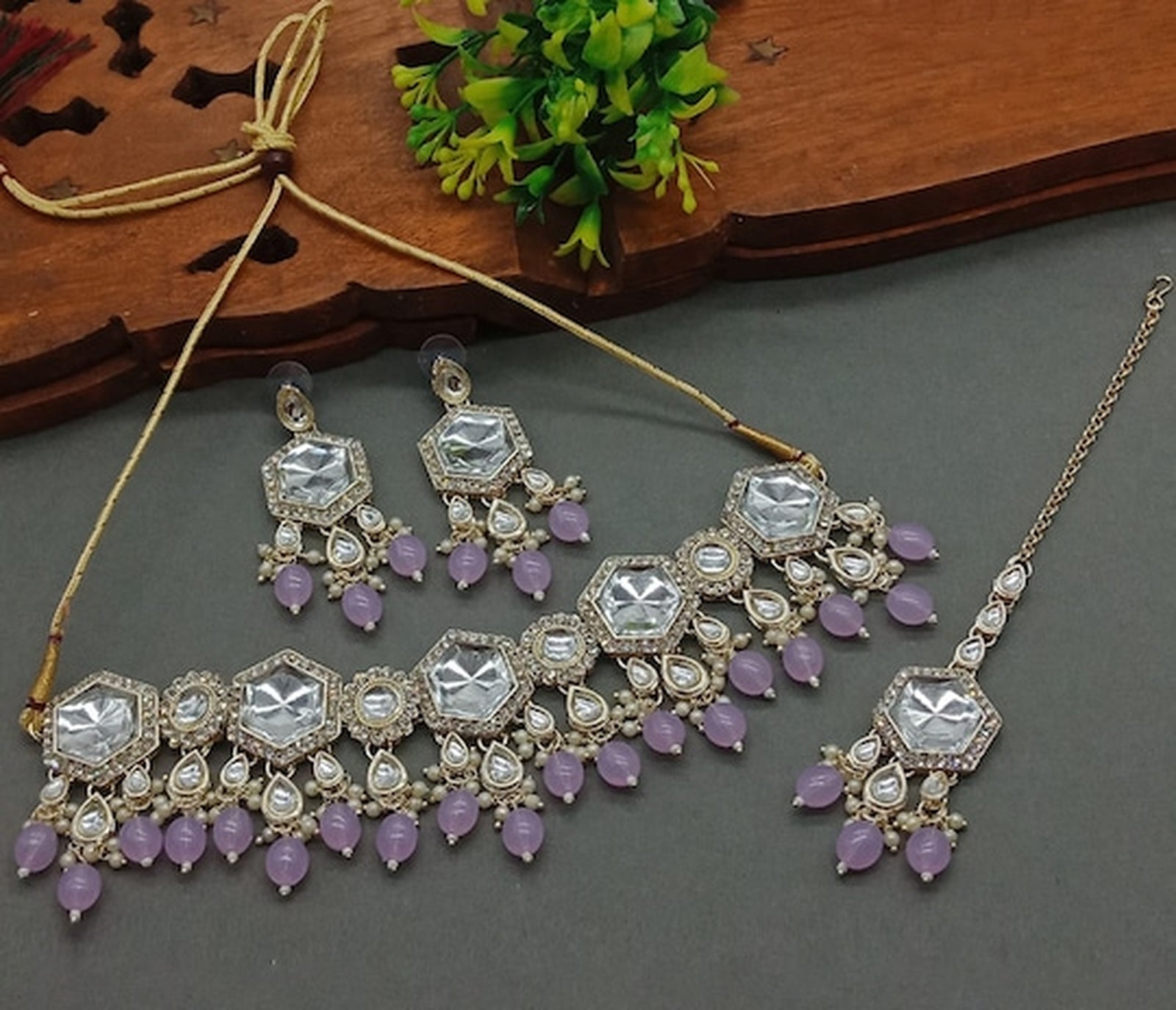 Jewel City Elegant Kundan-Style Purple and White Necklace, Earrings, and Tikka Set - Distacart