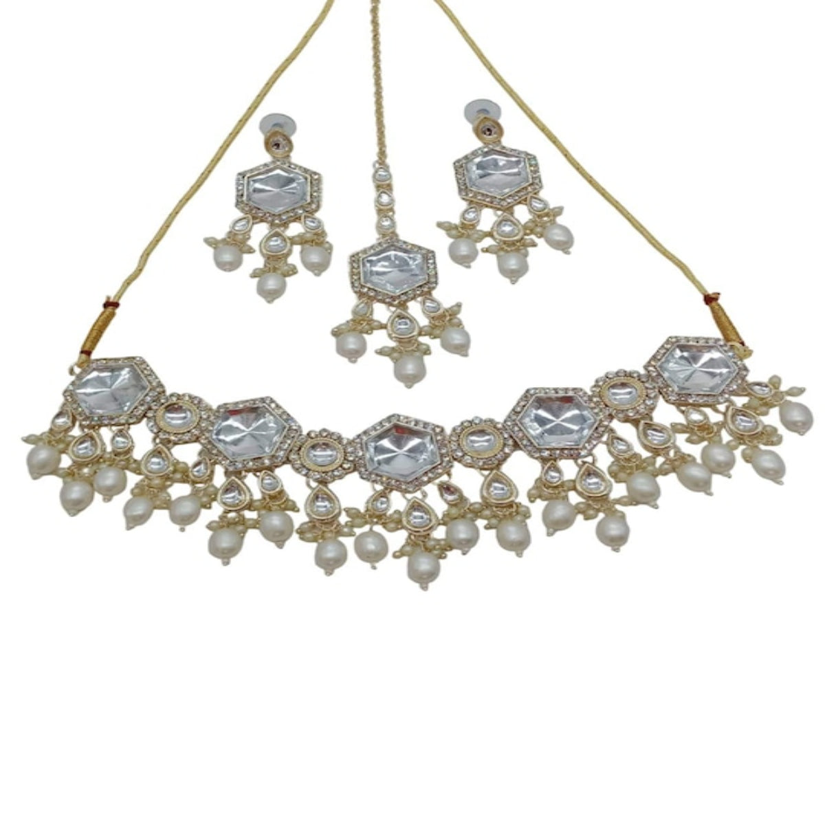 Jewel City Elegant Kundan-Style White and White Necklace, Earrings, and Tikka Set - Distacart