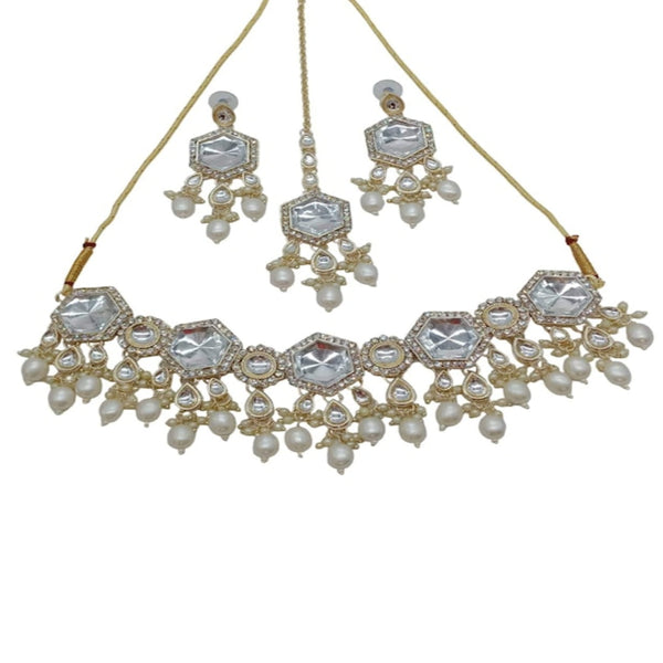 Jewel City Elegant Kundan-Style White and White Necklace, Earrings, and Tikka Set