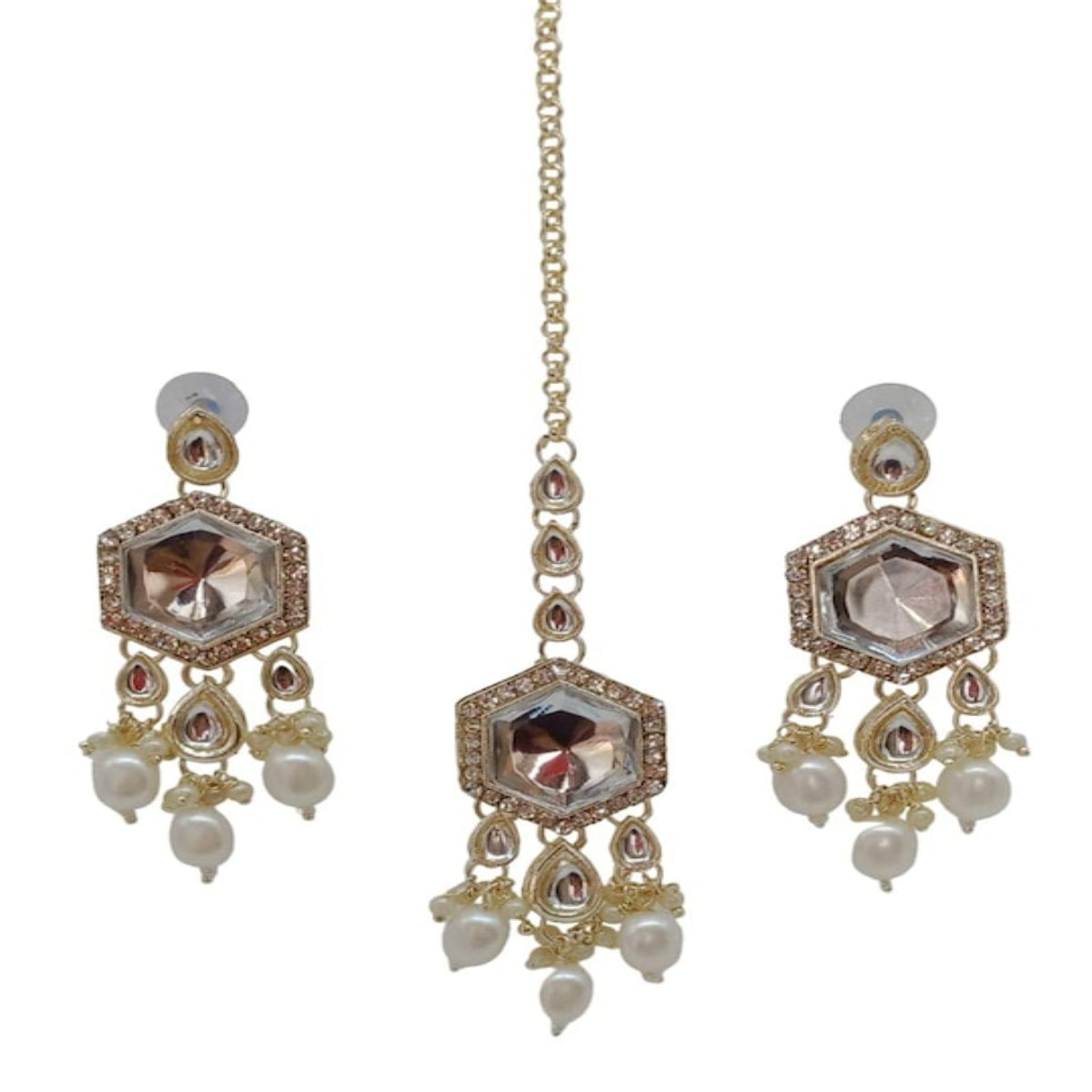 Jewel City Elegant Kundan-Style White and White Necklace, Earrings, and Tikka Set
