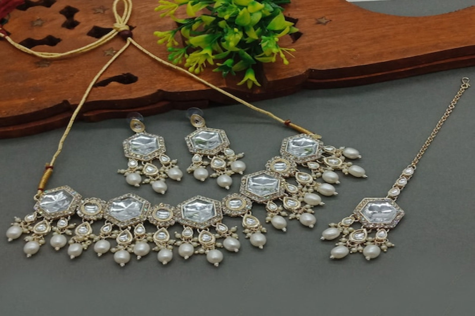 Jewel City Elegant Kundan-Style White and White Necklace, Earrings, and Tikka Set - Distacart