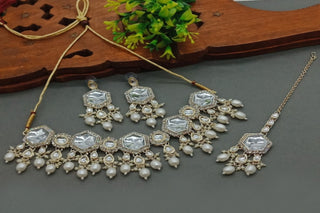 Jewel City Elegant Kundan-Style White and White Necklace, Earrings, and Tikka Set