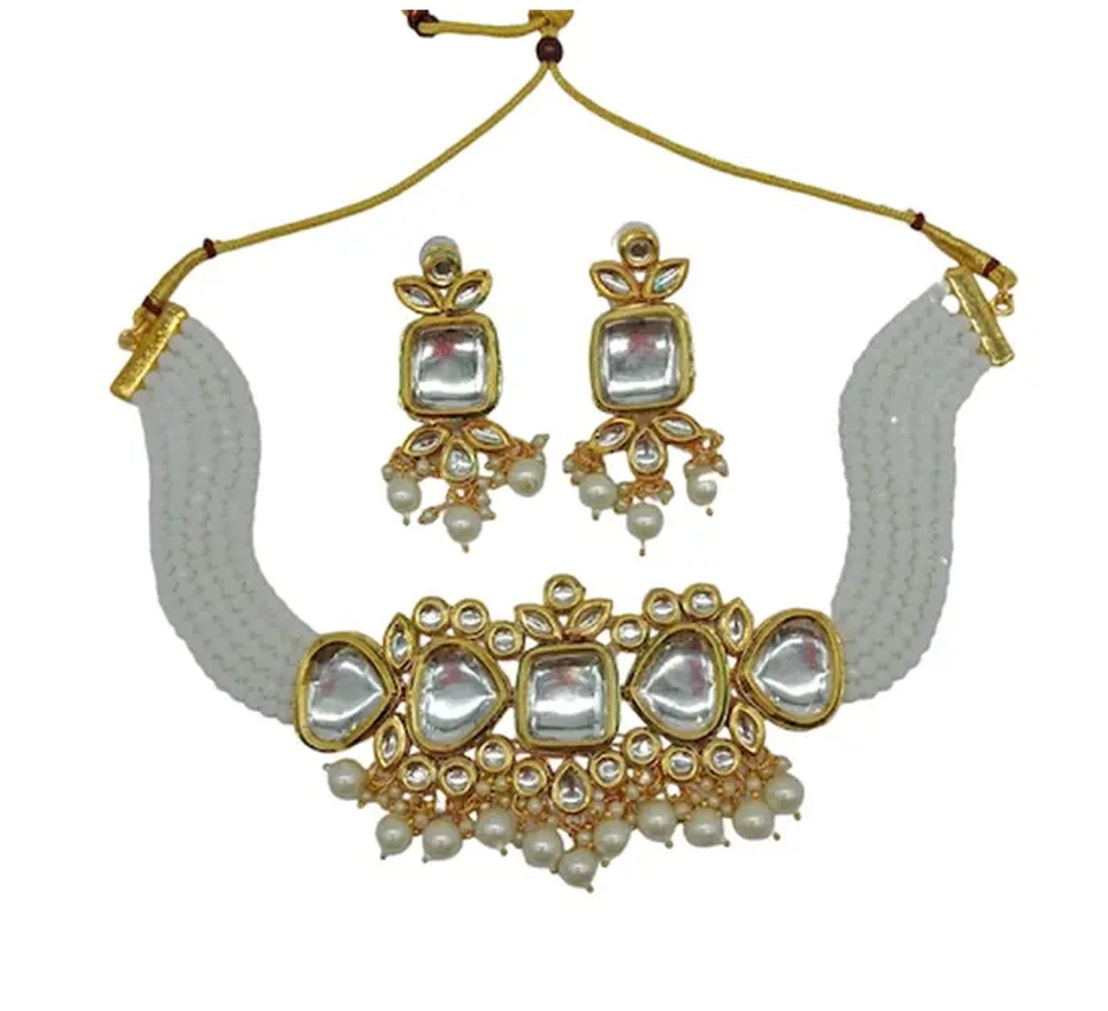 Jewel City Kundan Pearl Choker Necklace Set - Traditional Gold Plated Multi-Strand Pearl Jewelry with Earrings