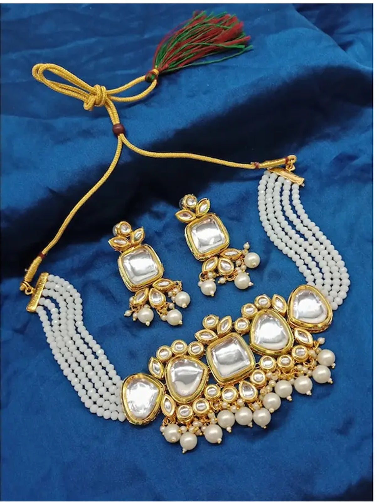 Jewel City Kundan Pearl Choker Necklace Set - Traditional Gold Plated Multi-Strand Pearl Jewelry with Earrings